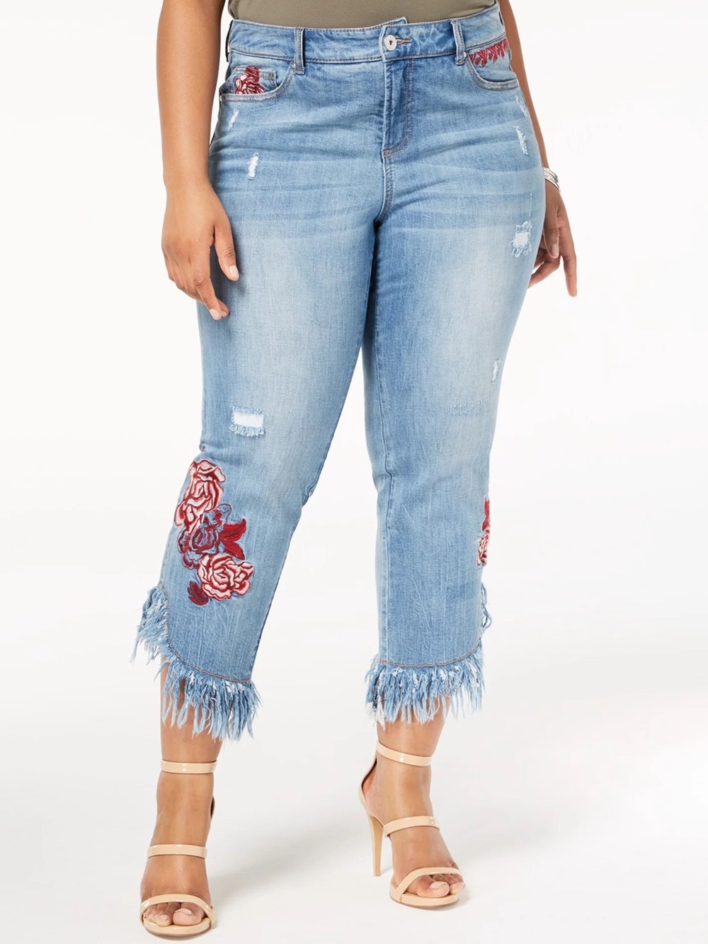 I.N.C Denim Skinny Leg Regular Fit Crop Distressed Blue Denim Rose Embroidery